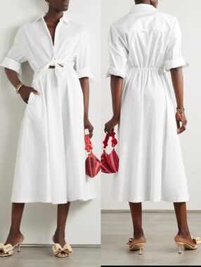 Staud Lisa Bow-Detailed Gathered Cutout Cotton-Blend Poplin Midi Shirt Dress XS